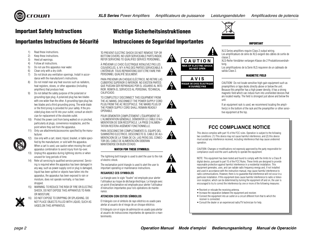 Important safety instructions, Fcc compliance notice | Crown Audio XLS Series User Manual | Page 2 / 40
