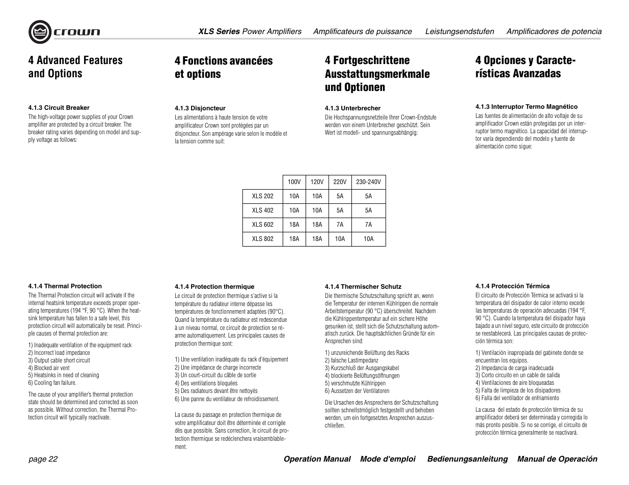 4 advanced features and options, 4 fonctions avancées et options, 4 opciones y caracte- rísticas avanzadas | Crown Audio XLS Series User Manual | Page 22 / 40