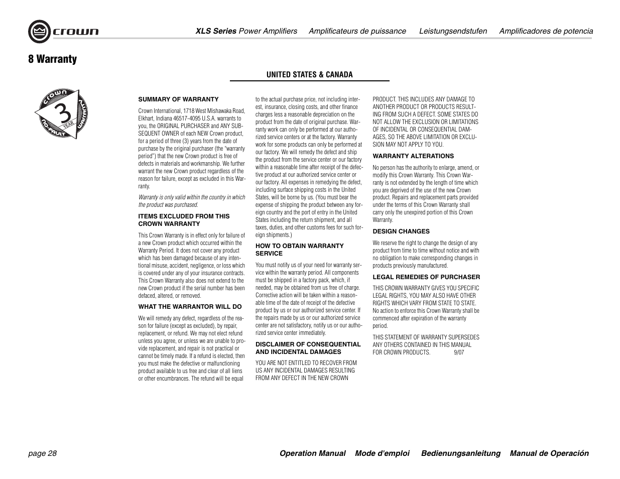 8 warranty | Crown Audio XLS Series User Manual | Page 28 / 40