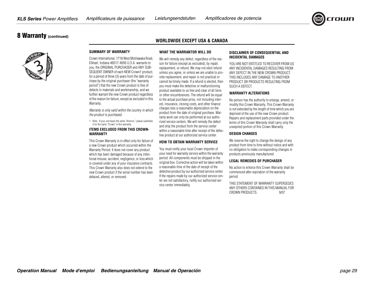 8 warranty | Crown Audio XLS Series User Manual | Page 29 / 40
