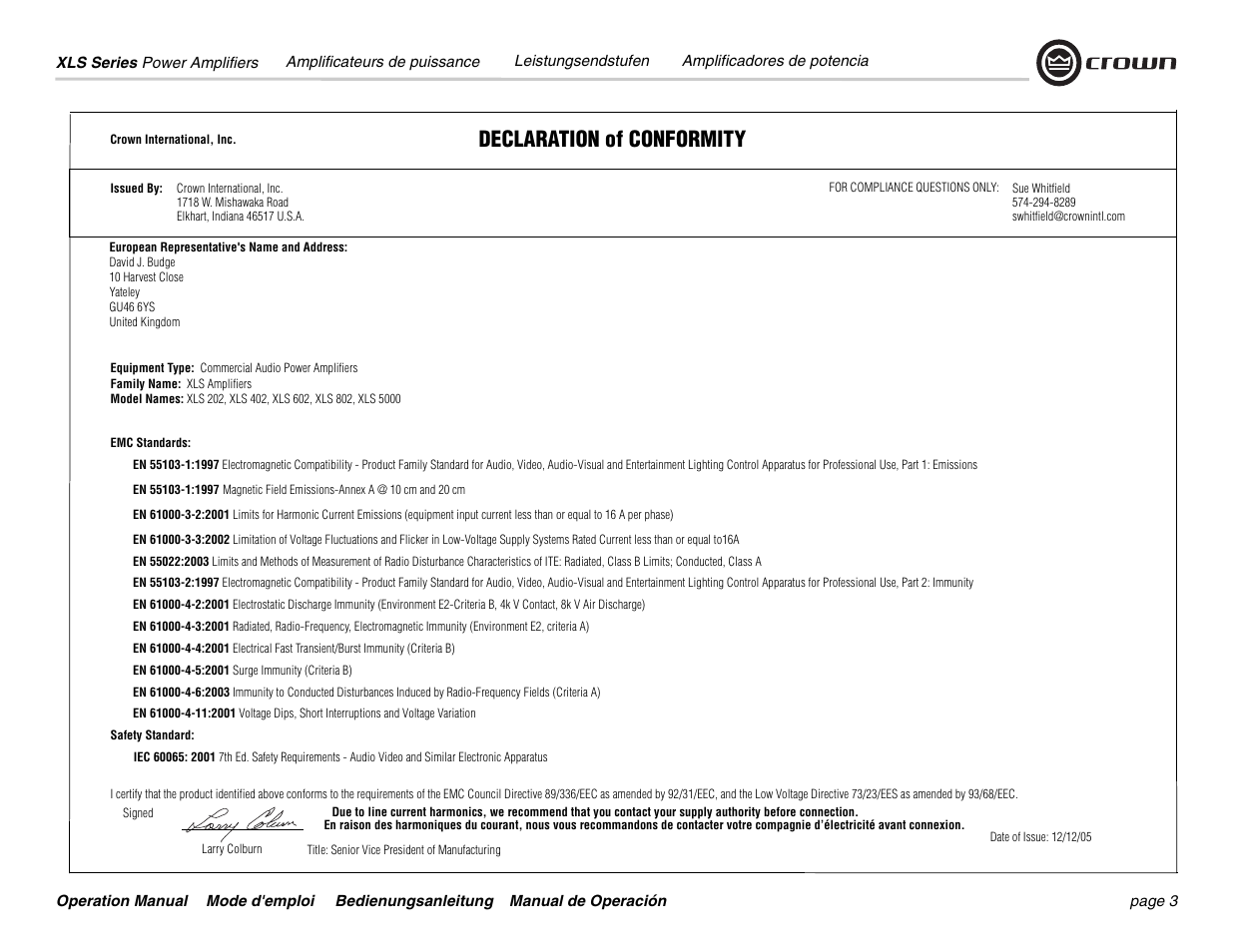Declaration of conformity | Crown Audio XLS Series User Manual | Page 3 / 40