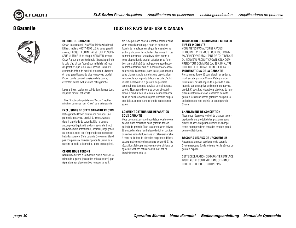8 garantie, Tous les pays sauf usa & canada | Crown Audio XLS Series User Manual | Page 30 / 40
