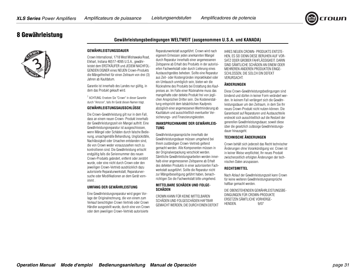 8 gewährleistung | Crown Audio XLS Series User Manual | Page 31 / 40