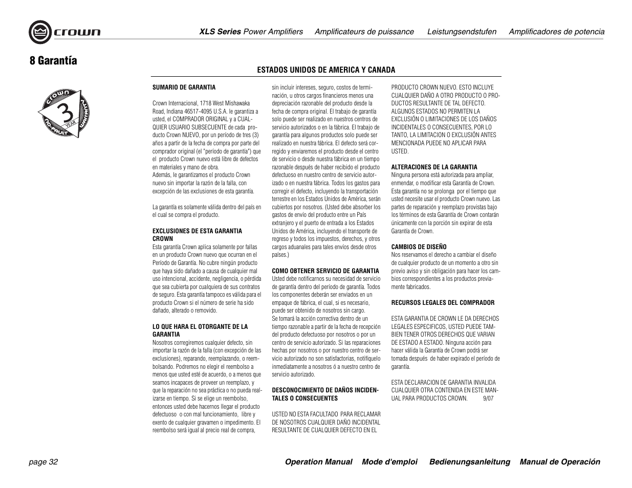 8 garantía | Crown Audio XLS Series User Manual | Page 32 / 40