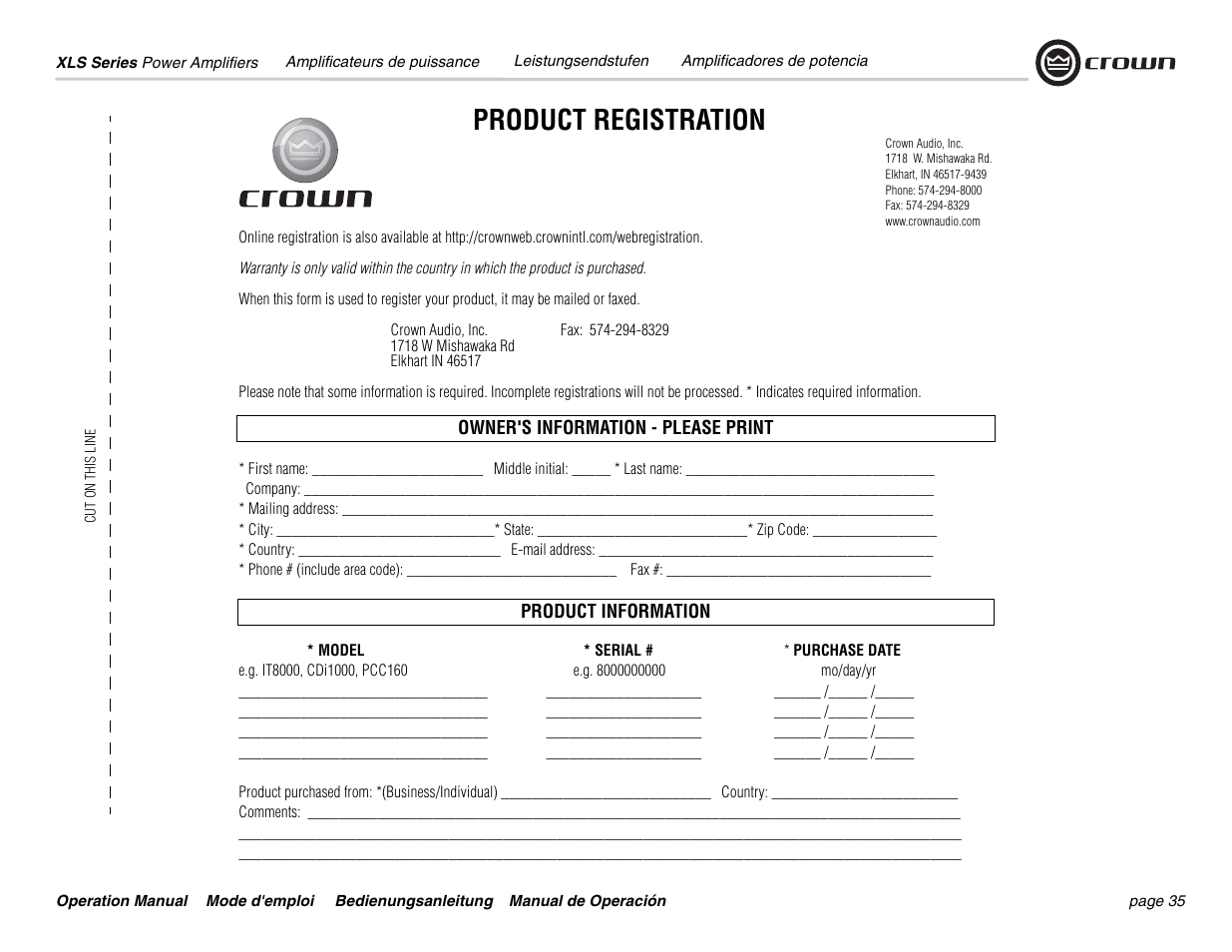Product registration | Crown Audio XLS Series User Manual | Page 35 / 40