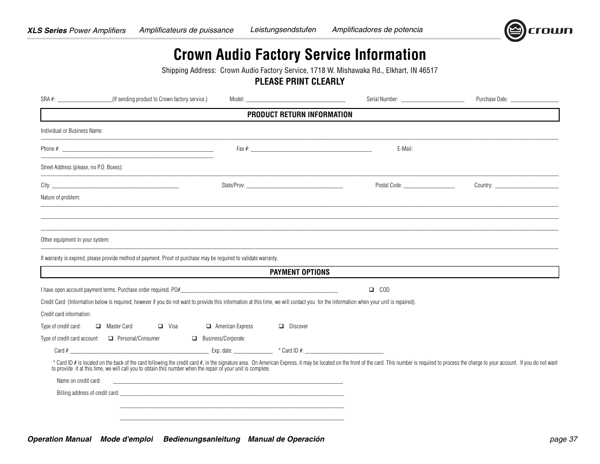 Crown audio factory service information, Please print clearly | Crown Audio XLS Series User Manual | Page 37 / 40
