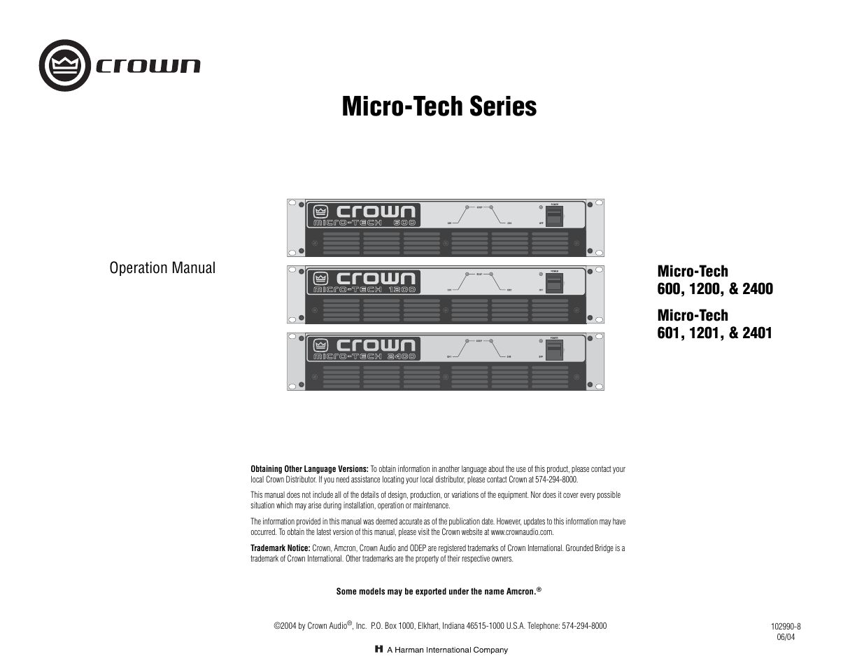 Crown Audio Micro-Tech Series User Manual | 28 pages