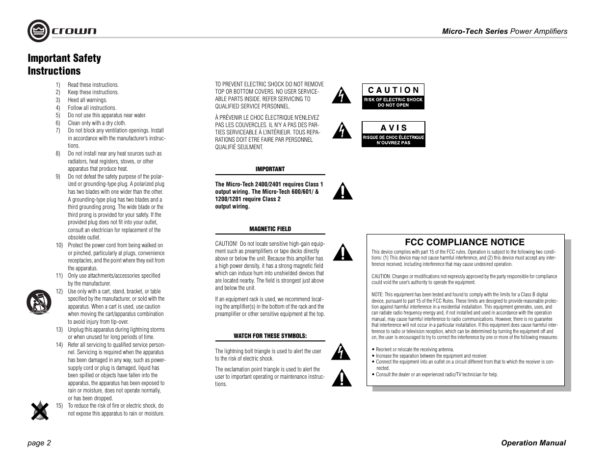 Important safety instructions, Fcc compliance notice | Crown Audio Micro-Tech Series User Manual | Page 2 / 28