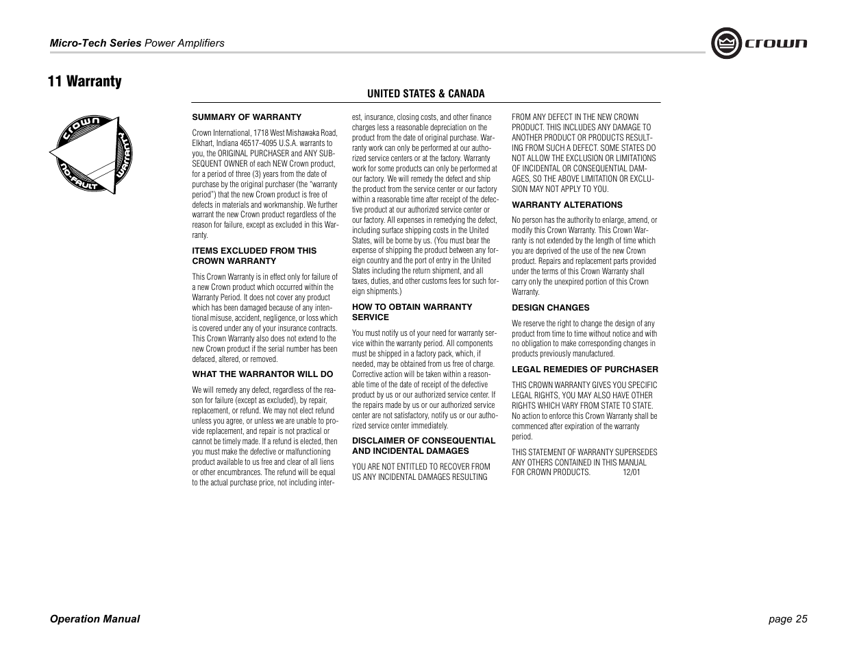 11 warranty | Crown Audio Micro-Tech Series User Manual | Page 25 / 28