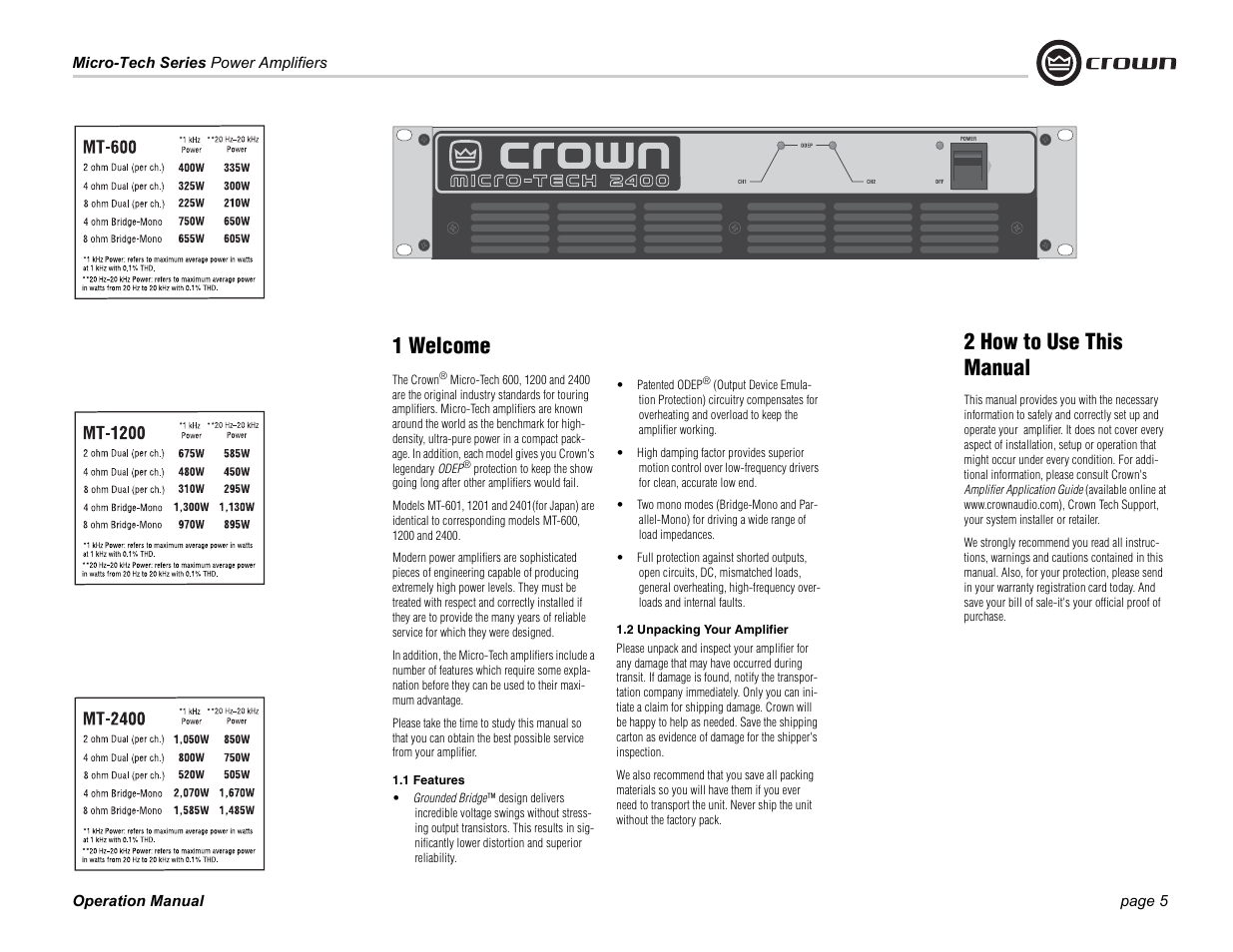 1 welcome, 2 how to use this manual | Crown Audio Micro-Tech Series User Manual | Page 5 / 28