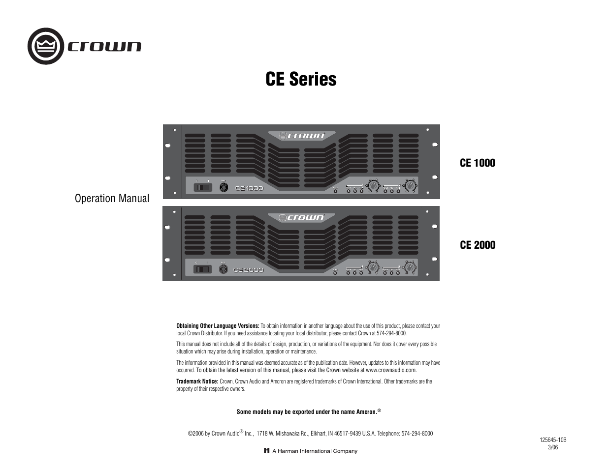 Crown Audio CE 1000 & 2000 User Manual | 28 pages