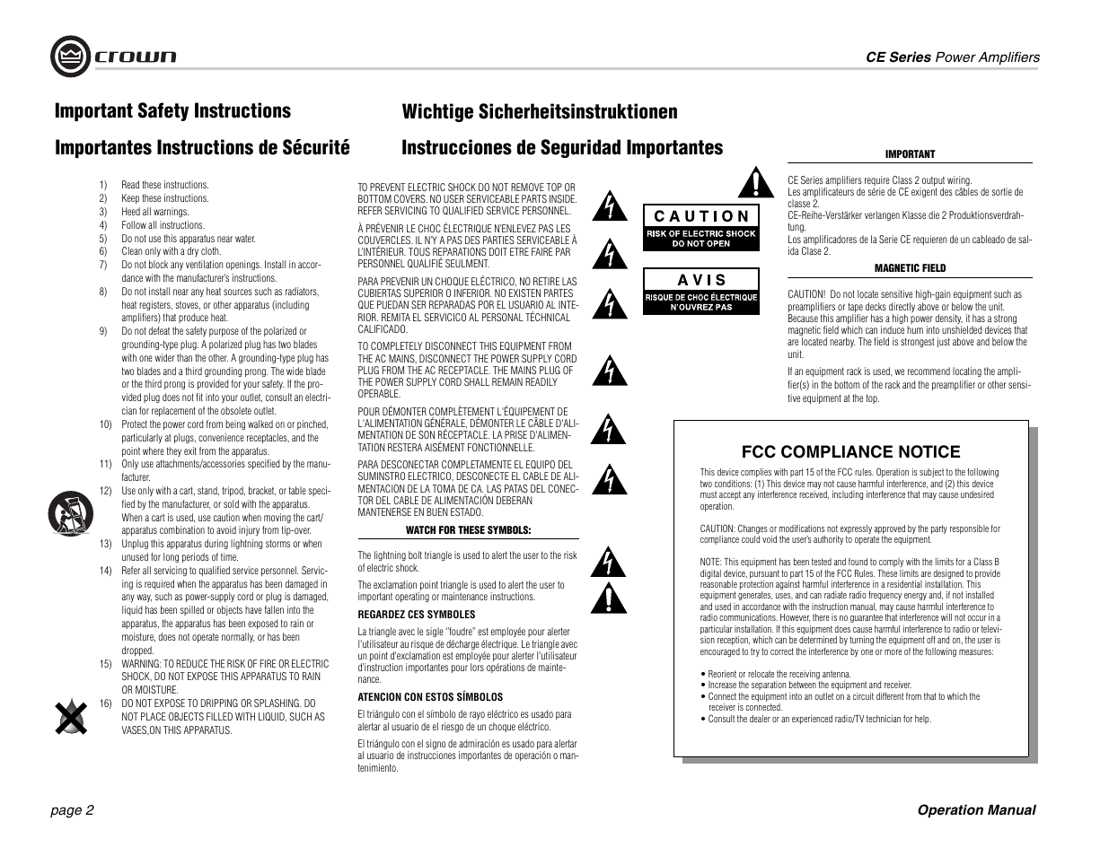 Important safety instructions, Fcc compliance notice | Crown Audio CE 1000 & 2000 User Manual | Page 2 / 28