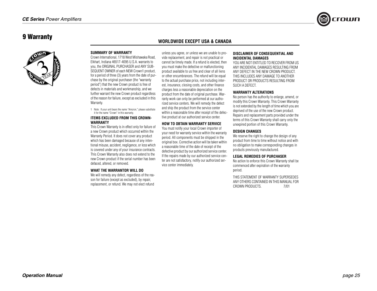 9 warranty | Crown Audio CE 1000 & 2000 User Manual | Page 25 / 28