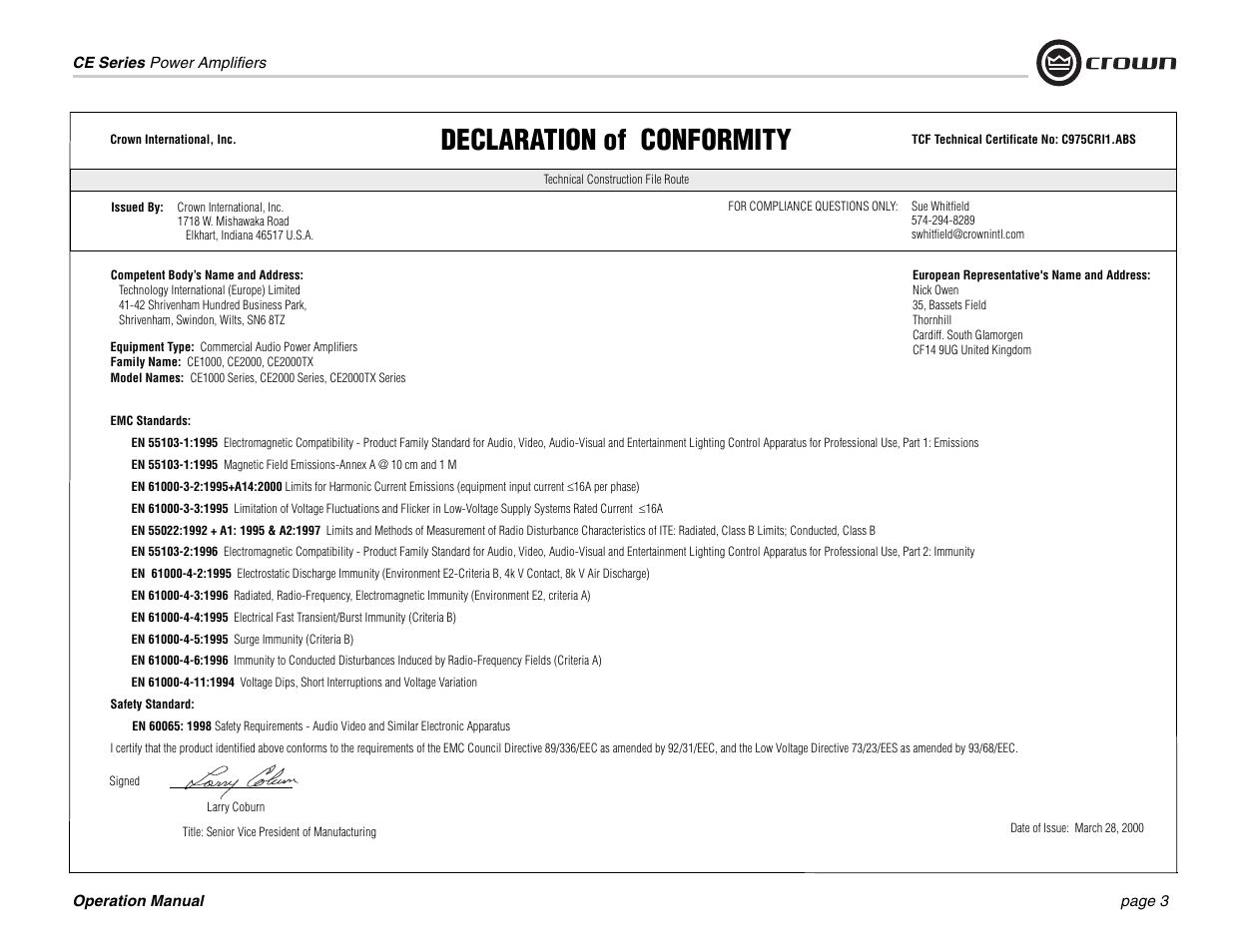 Declaration of conformity | Crown Audio CE 1000 & 2000 User Manual | Page 3 / 28