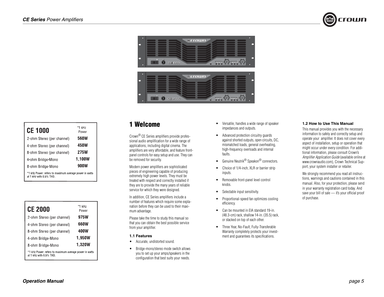 1 welcome | Crown Audio CE 1000 & 2000 User Manual | Page 5 / 28