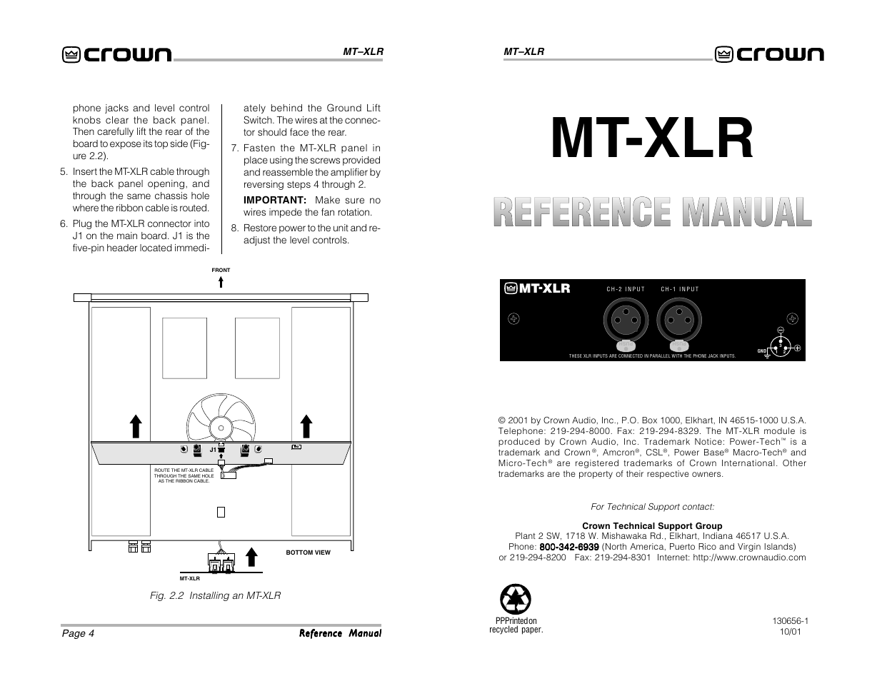Crown Audio MT-XLR User Manual | 2 pages