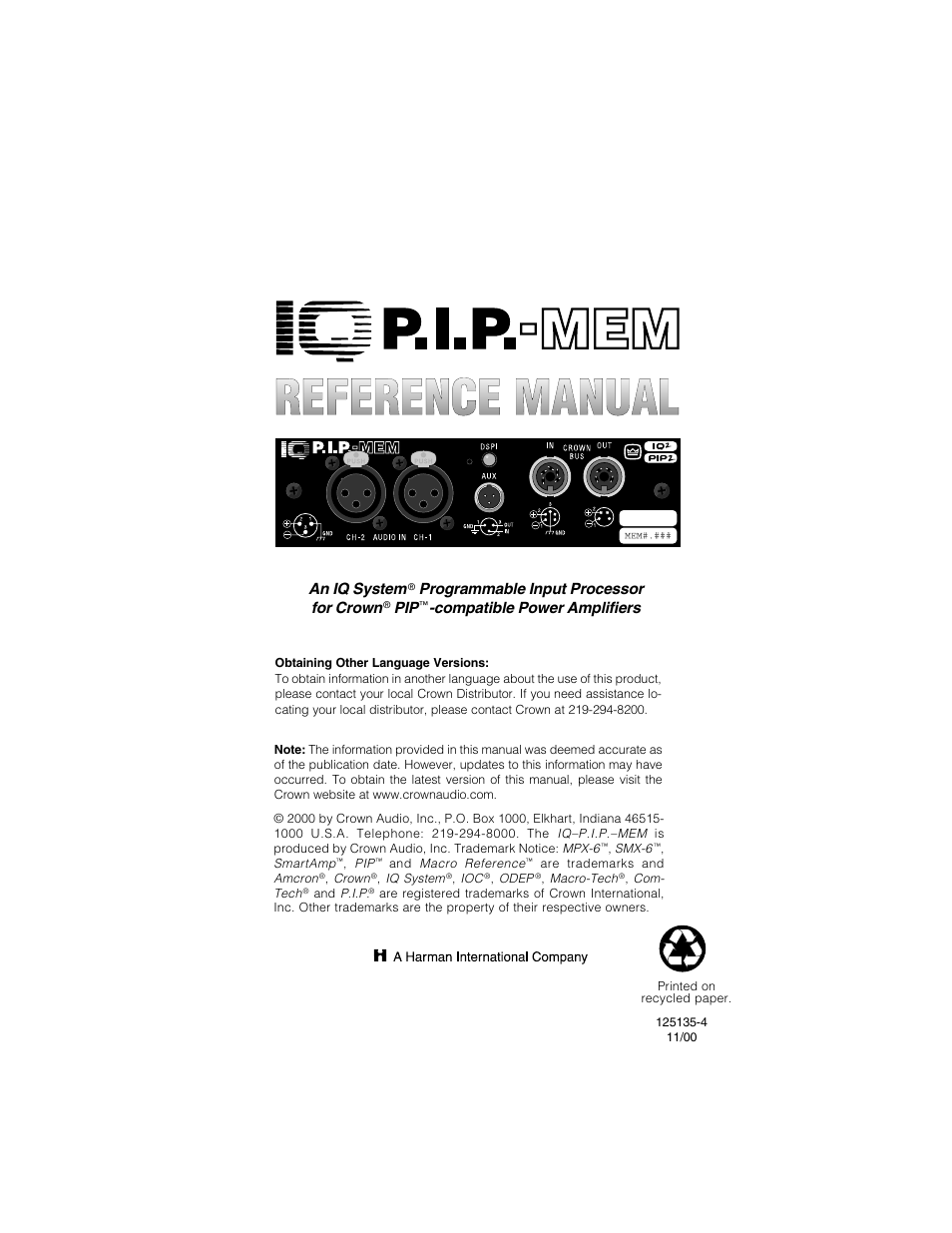 Crown Audio IQ-P.I.P.-MEM User Manual | 37 pages