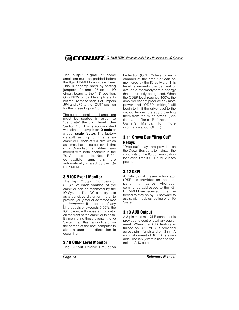 9 ioc event monitor, 10 odep level monitor, 11 crown bus “drop out” relays | 12 dspi, 13 aux output | Crown Audio IQ-P.I.P.-MEM User Manual | Page 14 / 37