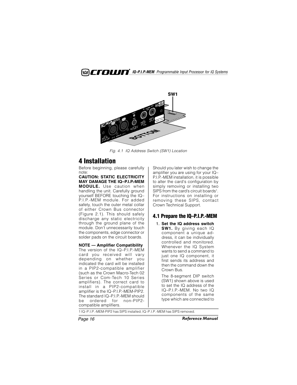 4 installation, 1 prepare the iq–p.i.p.-mem | Crown Audio IQ-P.I.P.-MEM User Manual | Page 16 / 37