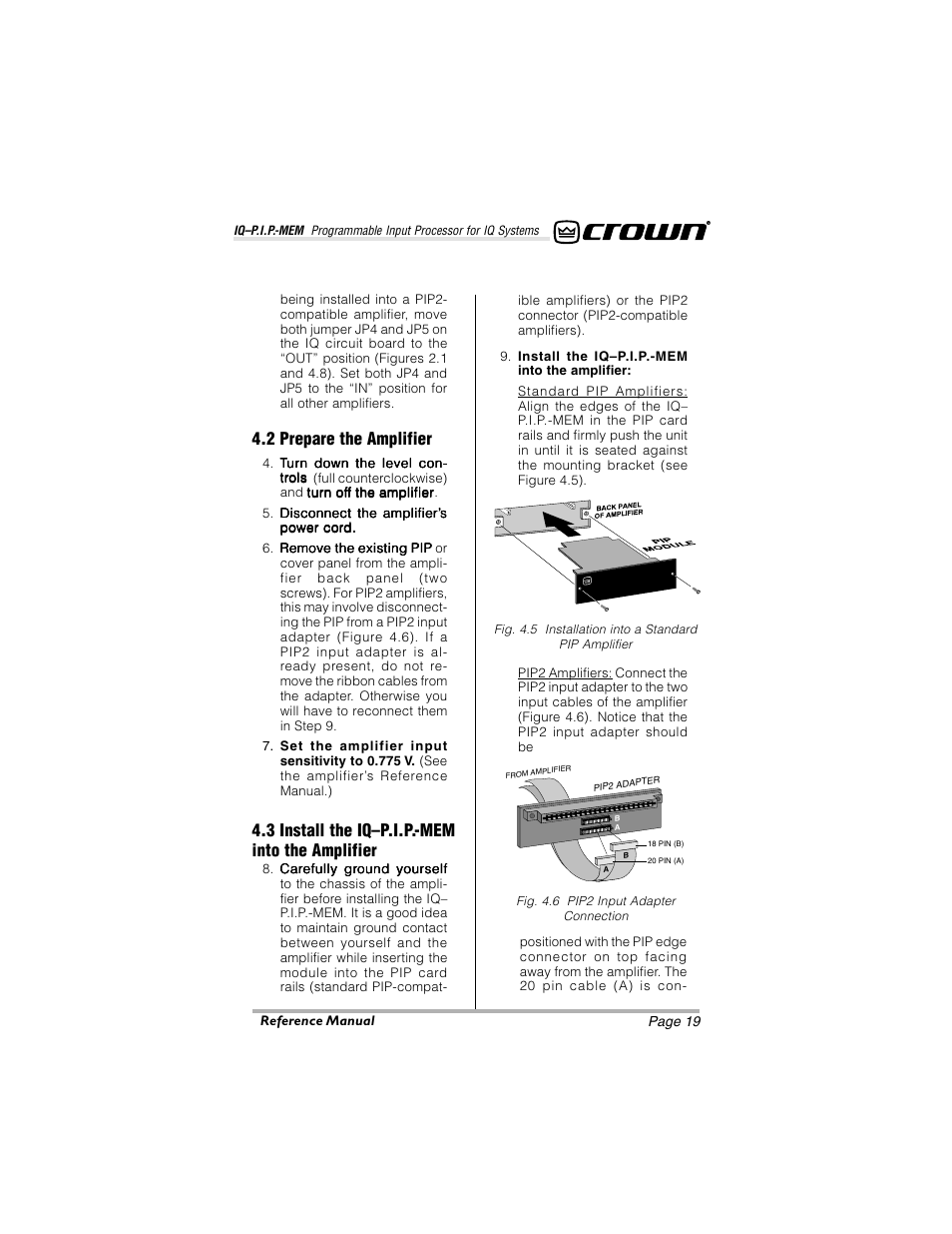 2 prepare the amplifier, 3 install the iq–p.i.p.-mem into the amplifier | Crown Audio IQ-P.I.P.-MEM User Manual | Page 19 / 37