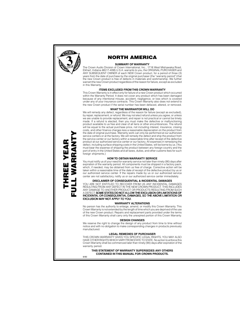 Three year full w arranty, North america | Crown Audio IQ-P.I.P.-MEM User Manual | Page 2 / 37