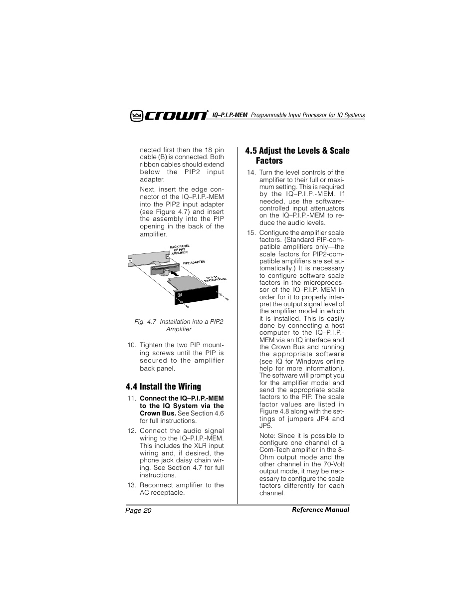 4 install the wiring, 5 adjust the levels & scale factors | Crown Audio IQ-P.I.P.-MEM User Manual | Page 20 / 37