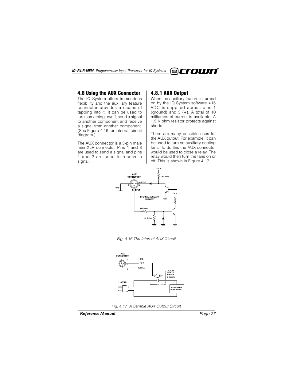 8 using the aux connector, 1 aux output, Page 27 reference manual | Crown Audio IQ-P.I.P.-MEM User Manual | Page 27 / 37