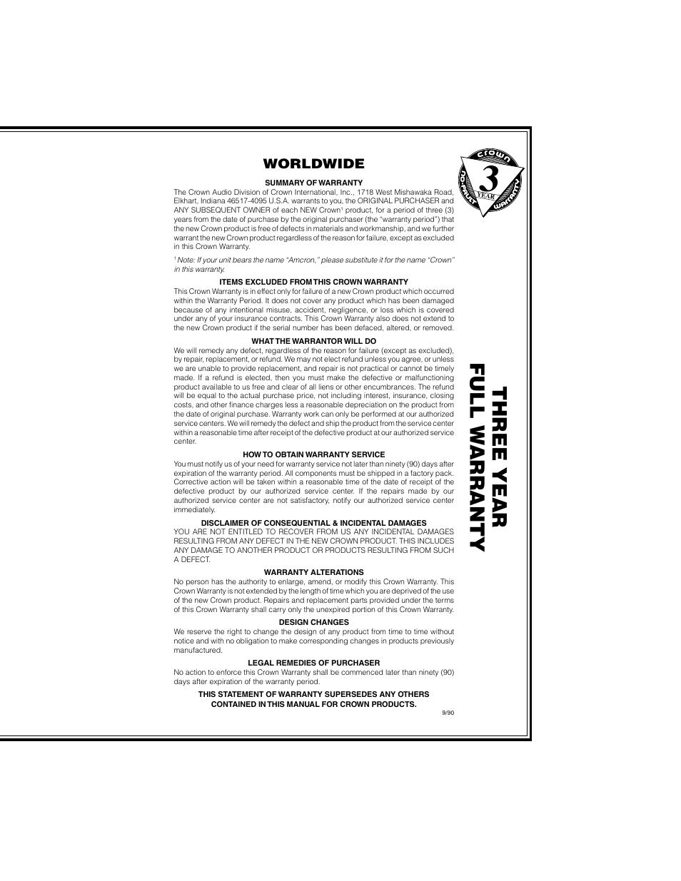 Three year full w arranty, Worldwide | Crown Audio IQ-P.I.P.-MEM User Manual | Page 3 / 37