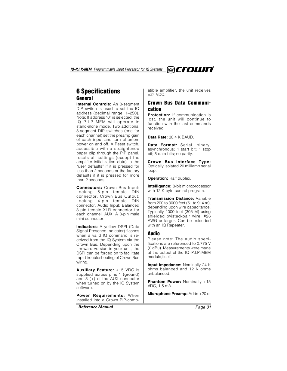 6 specifications | Crown Audio IQ-P.I.P.-MEM User Manual | Page 31 / 37