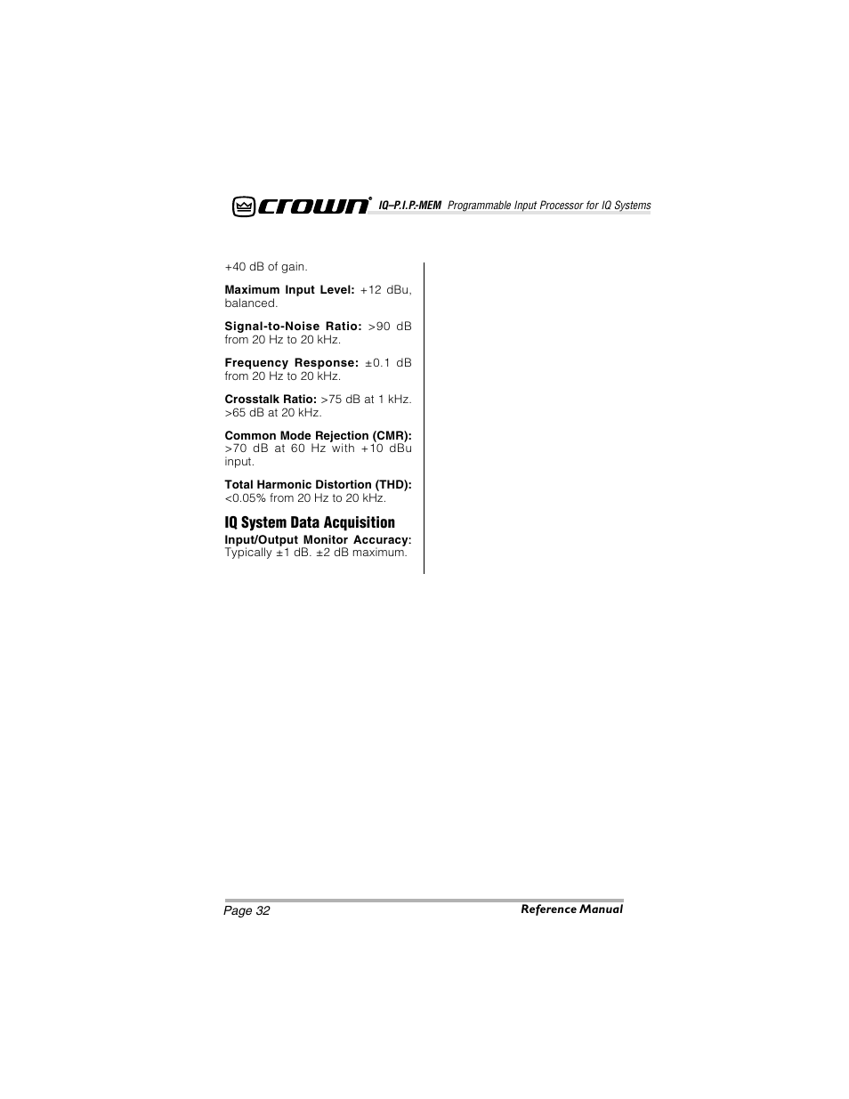 Iq system data acquisition | Crown Audio IQ-P.I.P.-MEM User Manual | Page 32 / 37