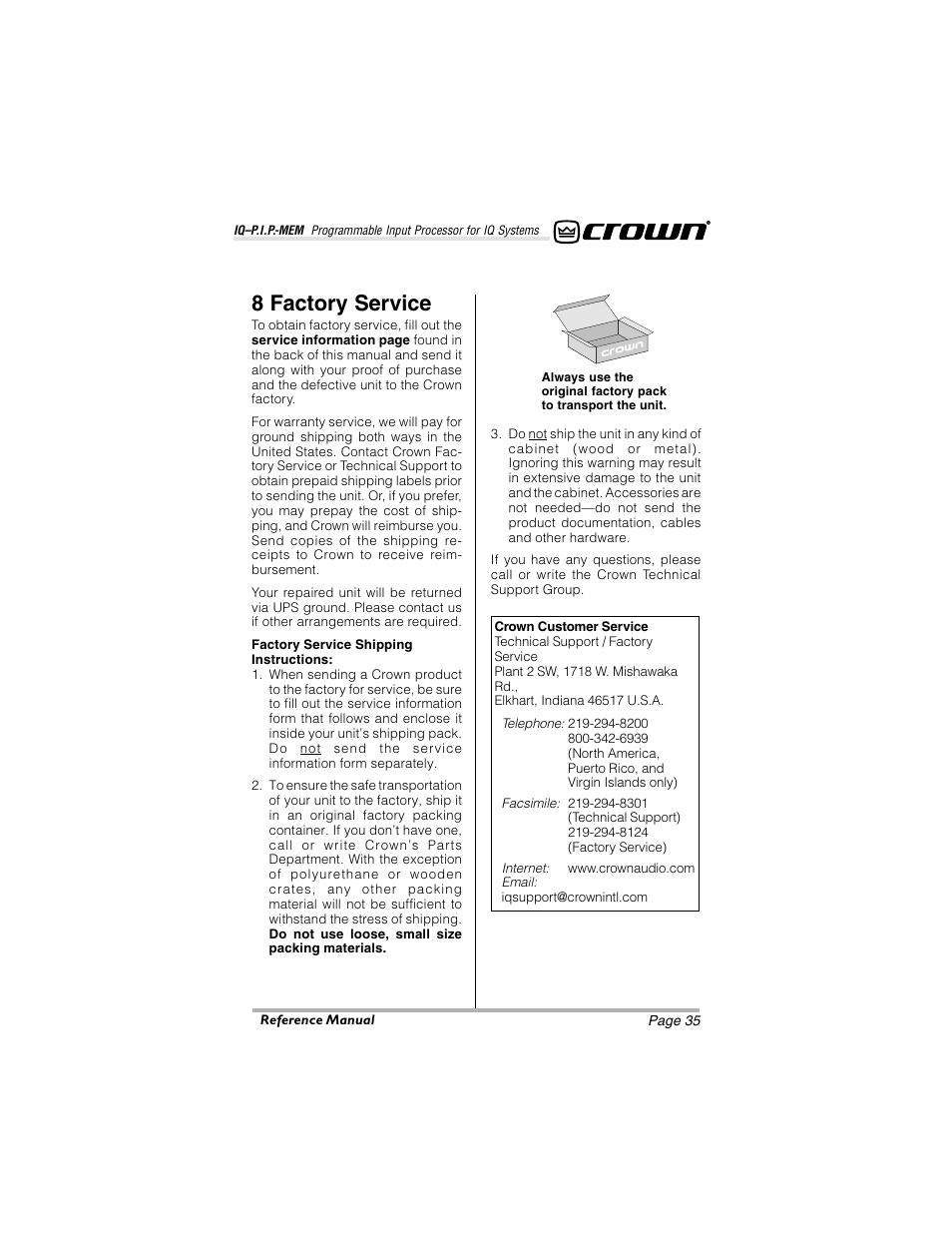 8 factory service | Crown Audio IQ-P.I.P.-MEM User Manual | Page 35 / 37