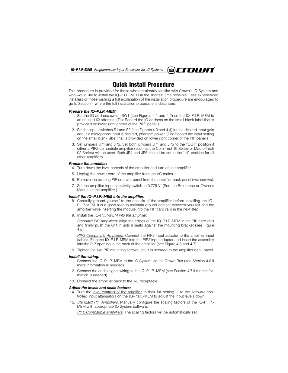 Quick install procedure | Crown Audio IQ-P.I.P.-MEM User Manual | Page 5 / 37