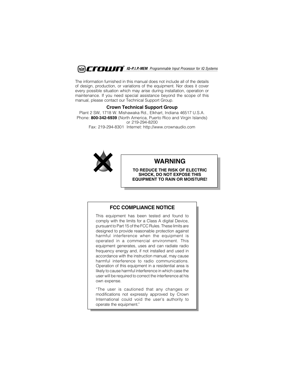 Warning | Crown Audio IQ-P.I.P.-MEM User Manual | Page 6 / 37