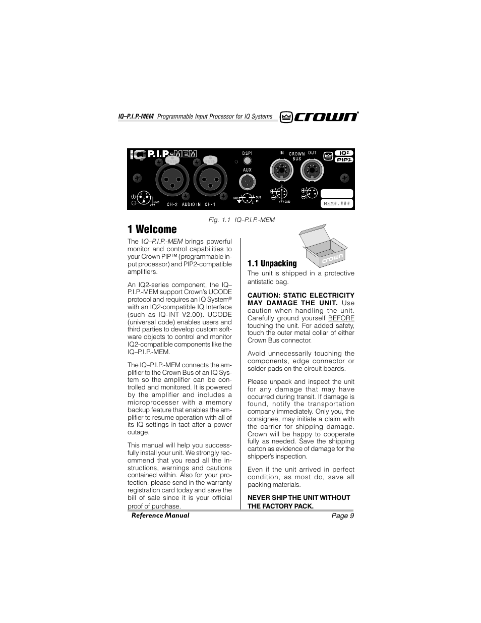 1 welcome, 1 unpacking | Crown Audio IQ-P.I.P.-MEM User Manual | Page 9 / 37