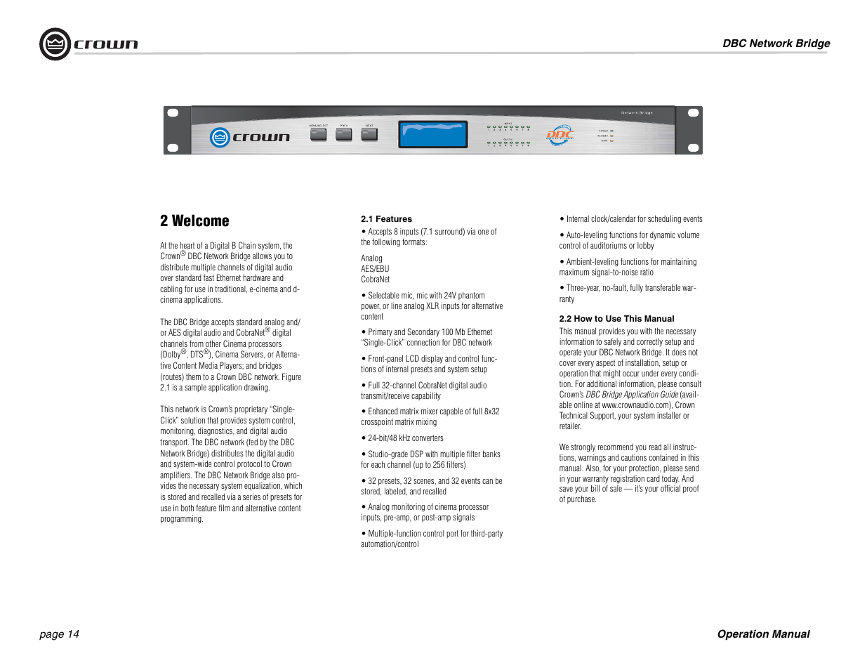 2 welcome | Crown Audio DBC Network Bridge User Manual | Page 14 / 84