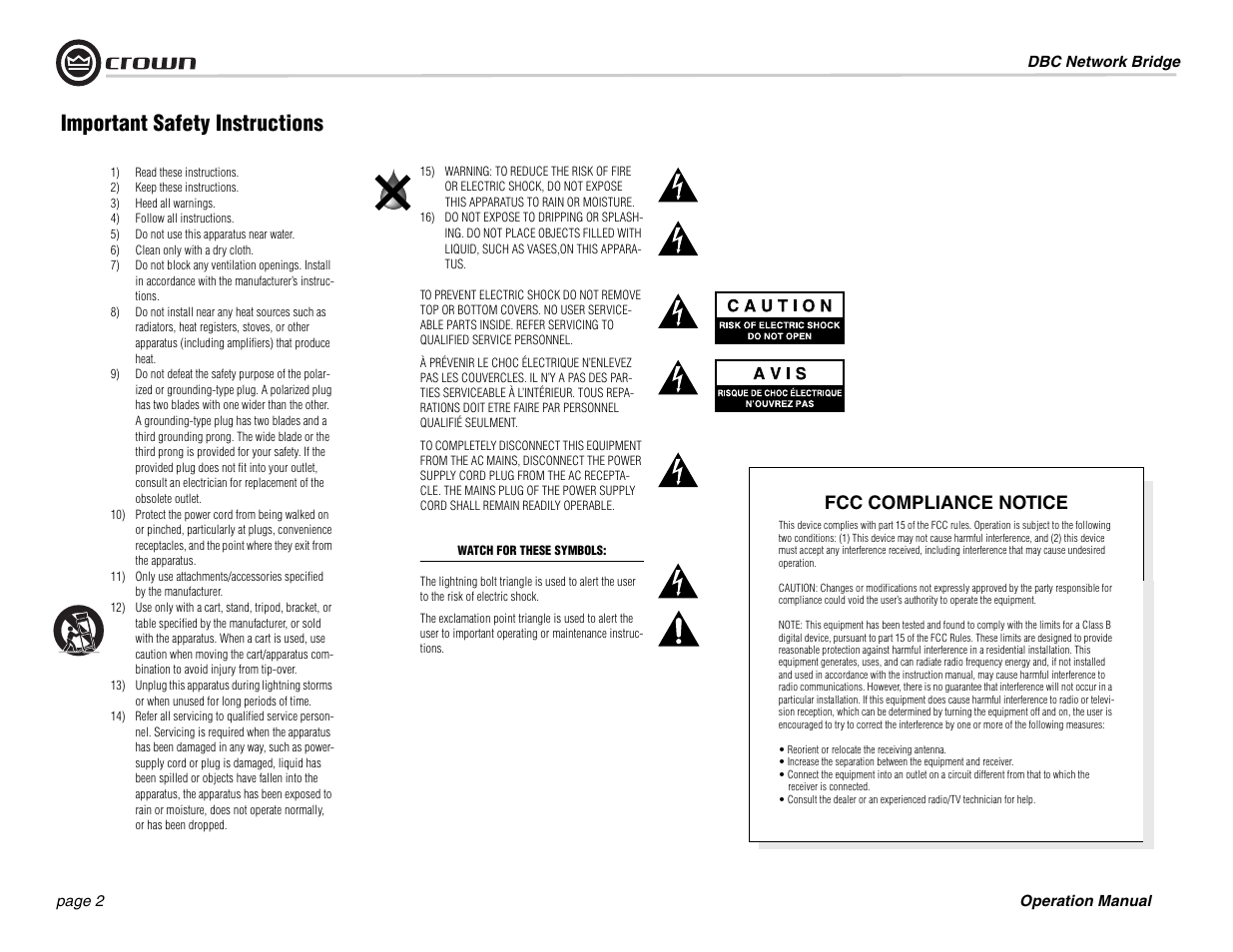 Important safety instructions, Fcc compliance notice | Crown Audio DBC Network Bridge User Manual | Page 2 / 84
