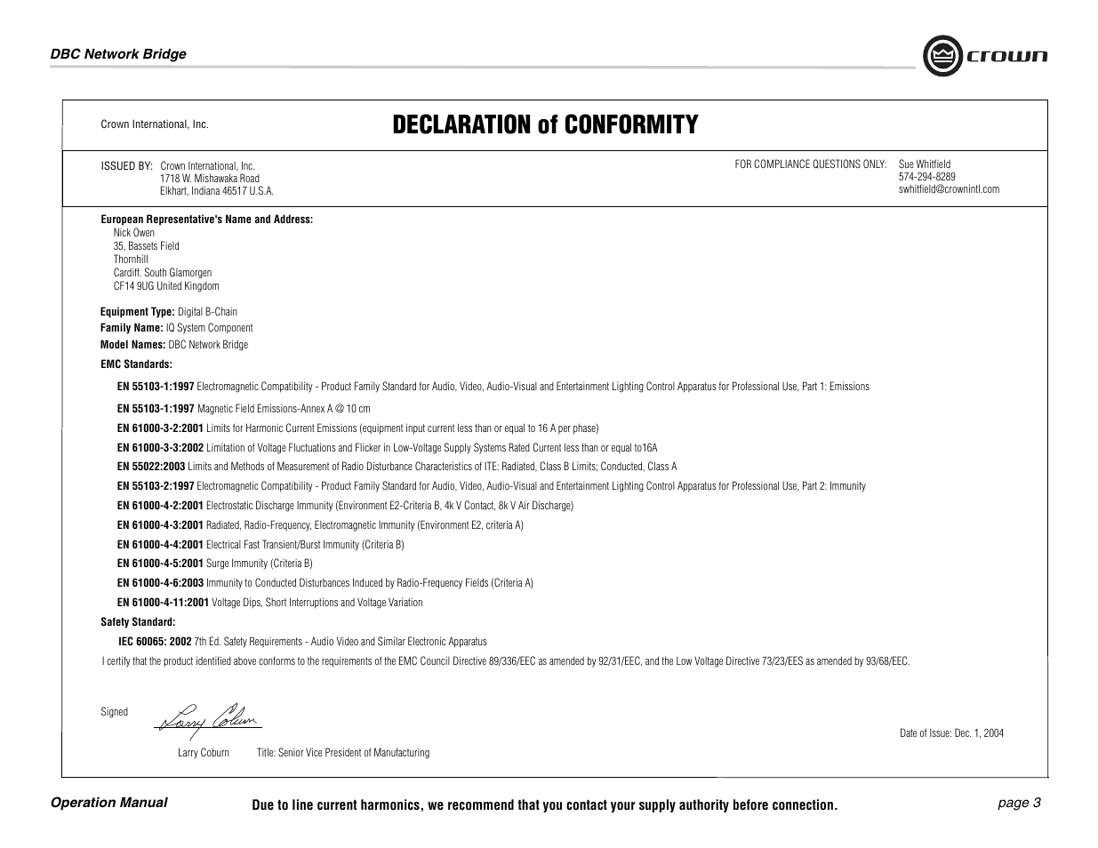 Declaration of conformity | Crown Audio DBC Network Bridge User Manual | Page 3 / 84