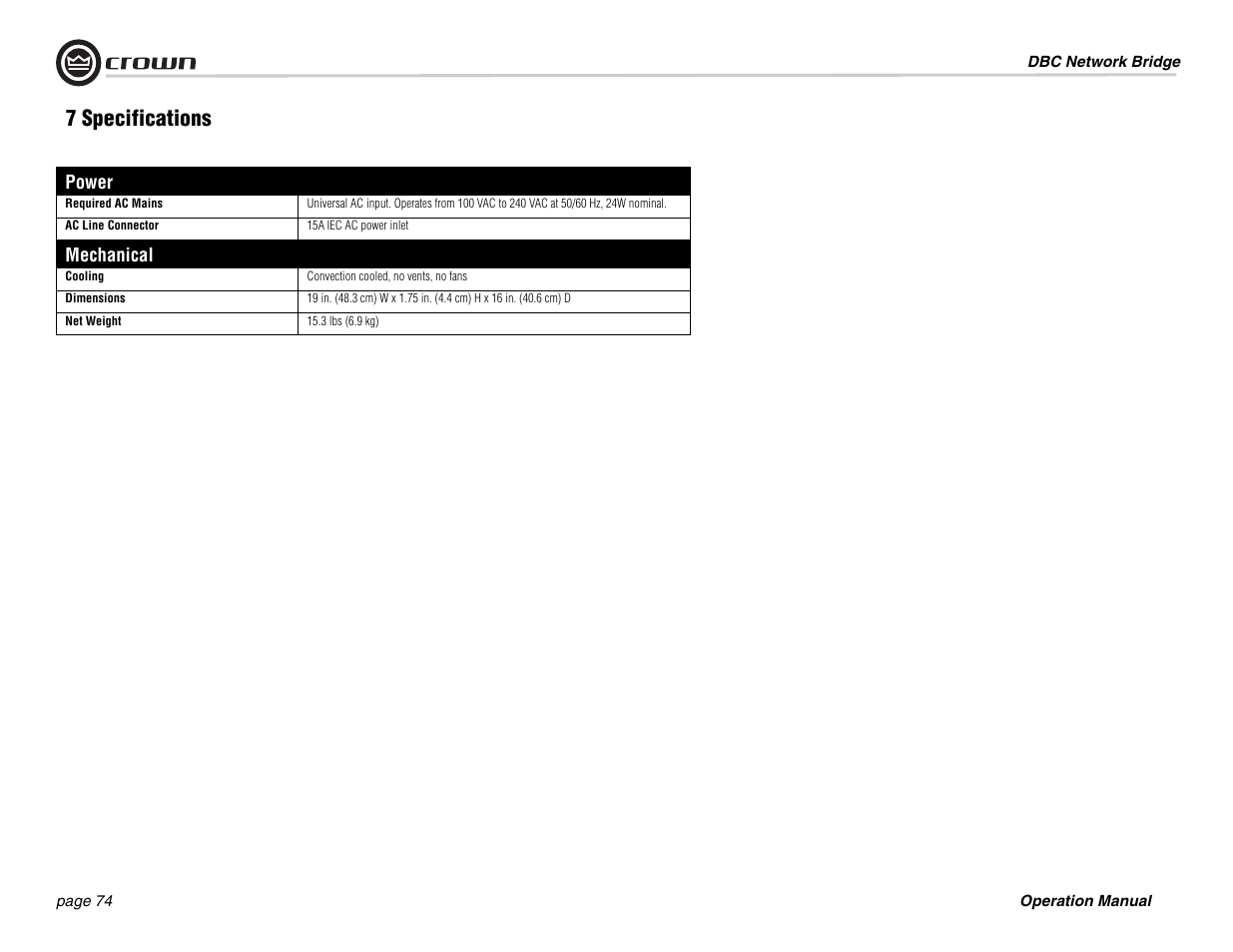 7 specifications, Power, Mechanical | Crown Audio DBC Network Bridge User Manual | Page 74 / 84