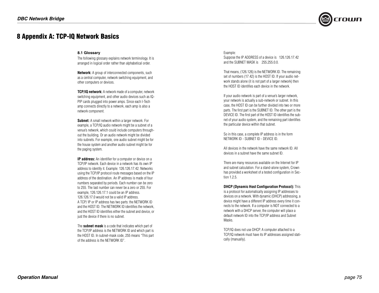 8 appendix a: tcp-iq network basics | Crown Audio DBC Network Bridge User Manual | Page 75 / 84