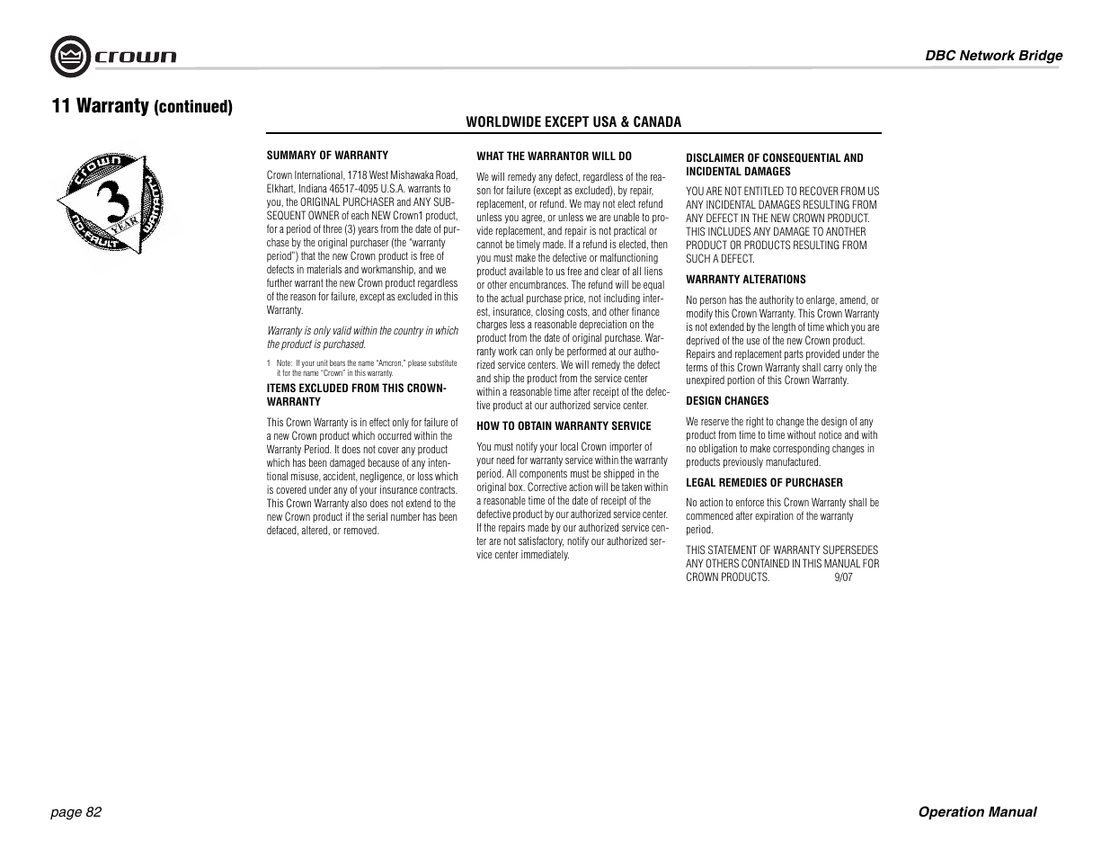 11 warranty, Continued) | Crown Audio DBC Network Bridge User Manual | Page 82 / 84