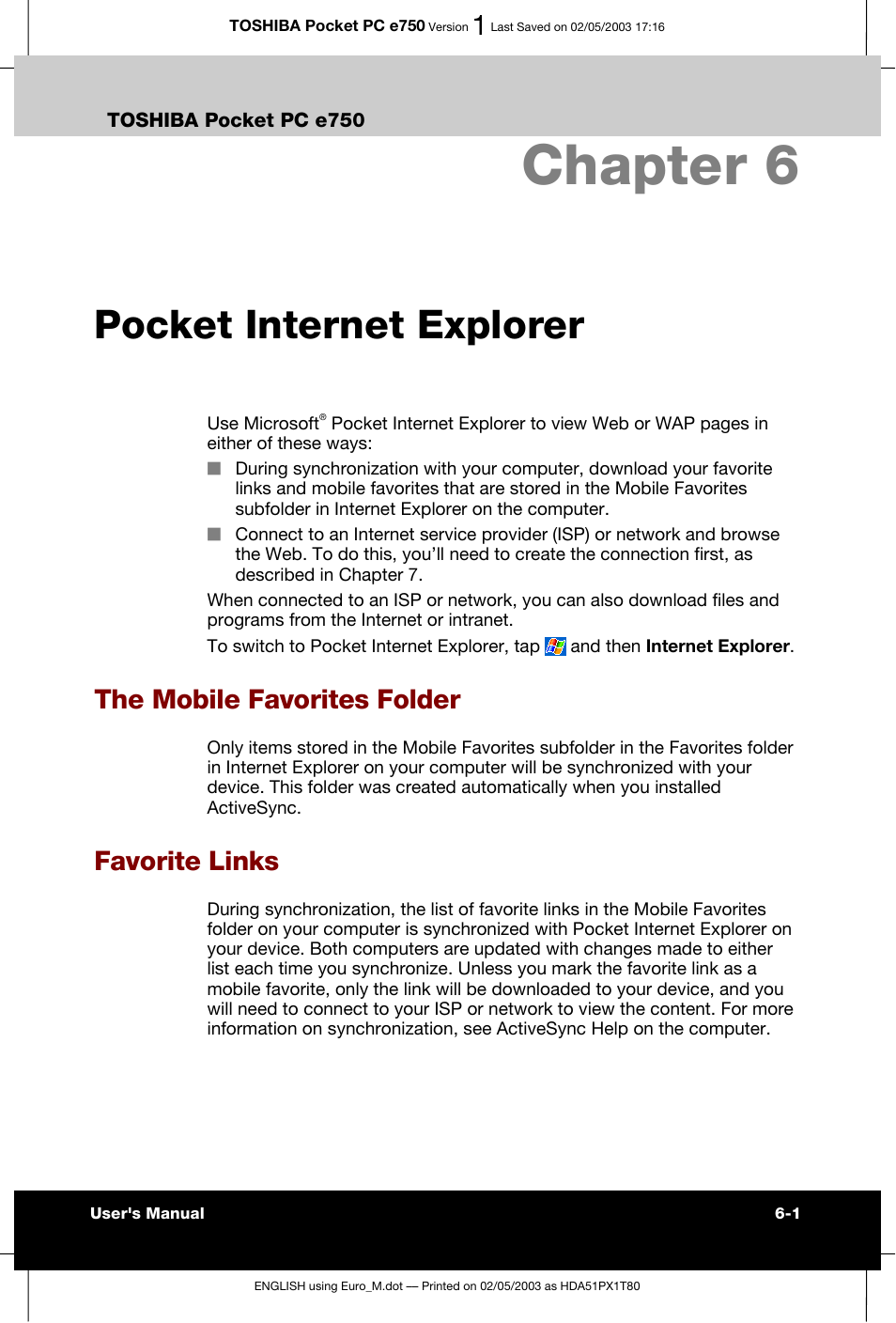 Chapter 6 pocket internet explorer, The mobile favorites folder, Favorite links | Chapter 6, Pocket internet explorer | Toshiba Pocket PC e750 User Manual | Page 102 / 215