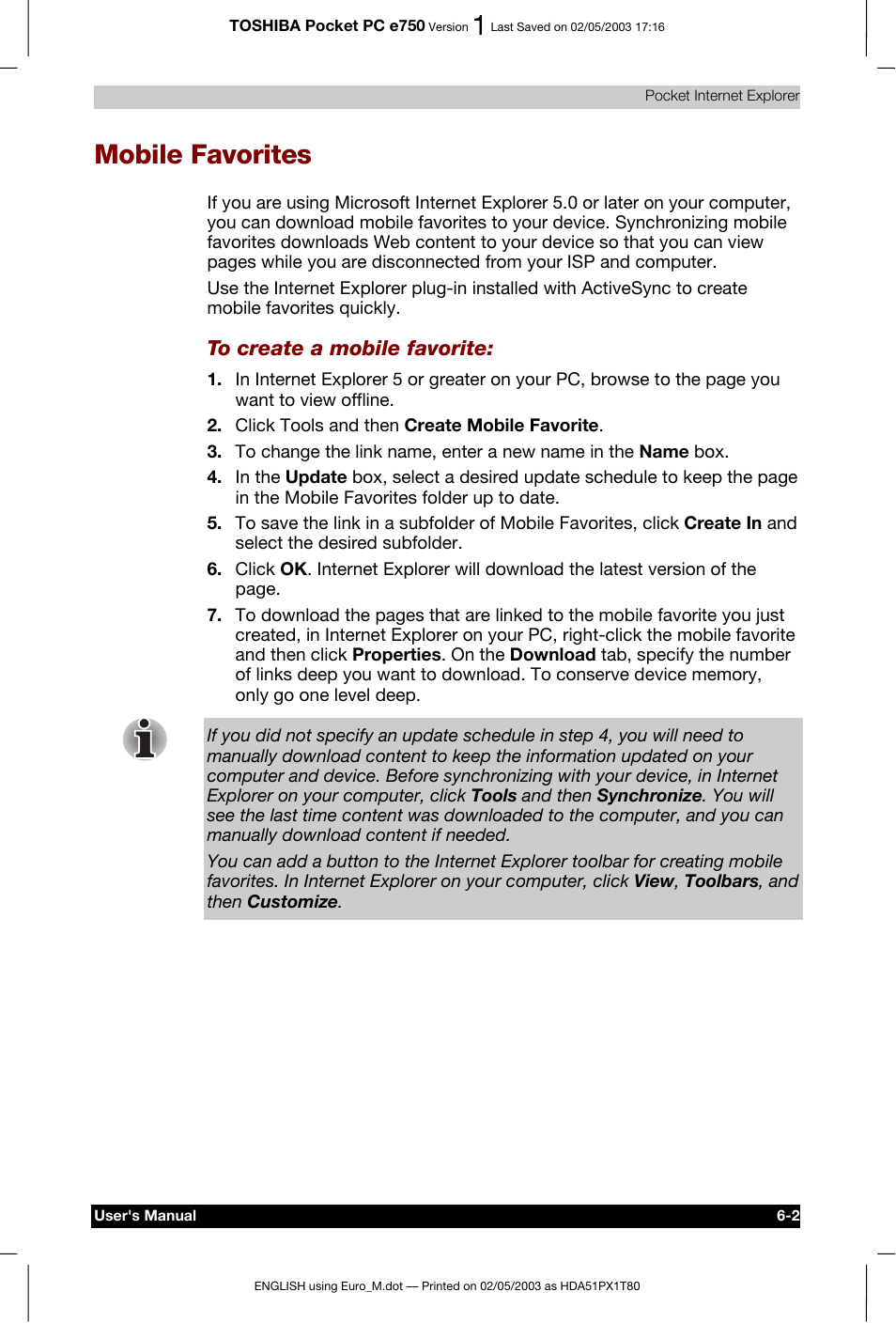 Mobile favorites | Toshiba Pocket PC e750 User Manual | Page 103 / 215