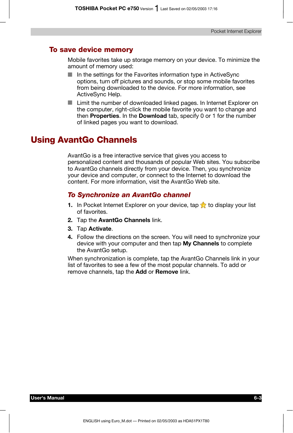 Using avantgo channels | Toshiba Pocket PC e750 User Manual | Page 104 / 215