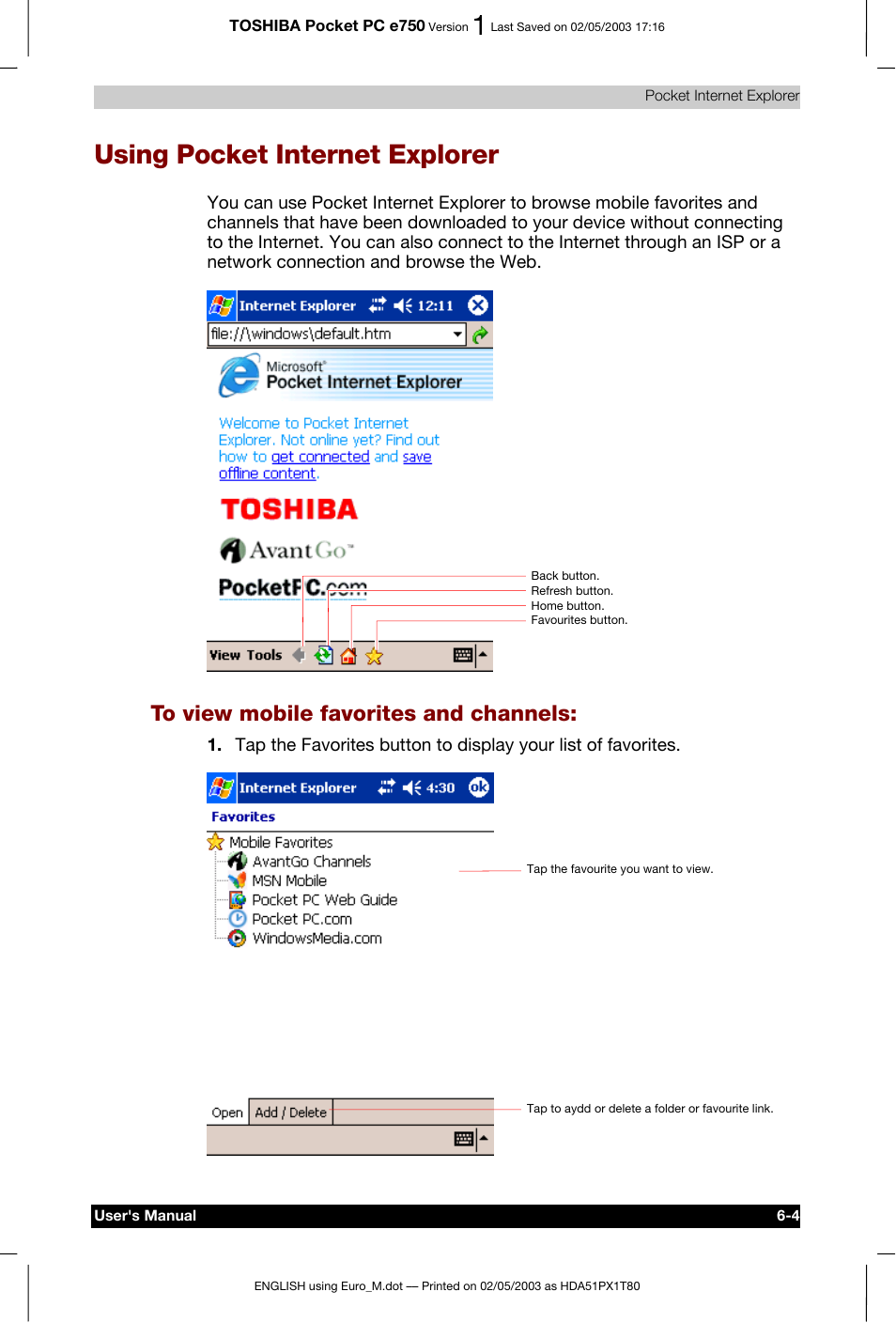 Using pocket internet explorer | Toshiba Pocket PC e750 User Manual | Page 105 / 215