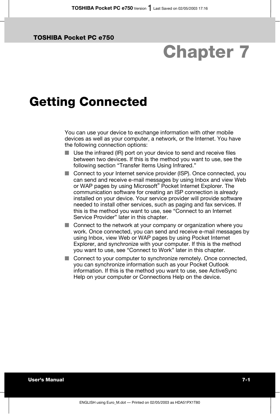 Chapter 7 getting connected, Chapter 7, Getting connected | Toshiba Pocket PC e750 User Manual | Page 107 / 215