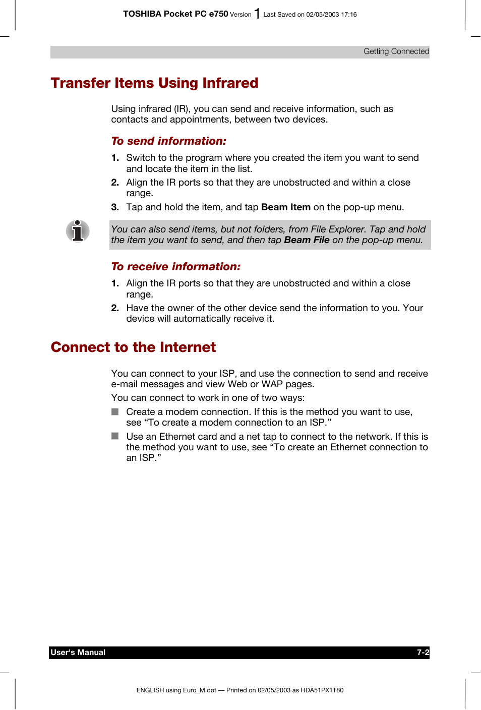 Transfer items using infrared, Connect to the internet | Toshiba Pocket PC e750 User Manual | Page 108 / 215