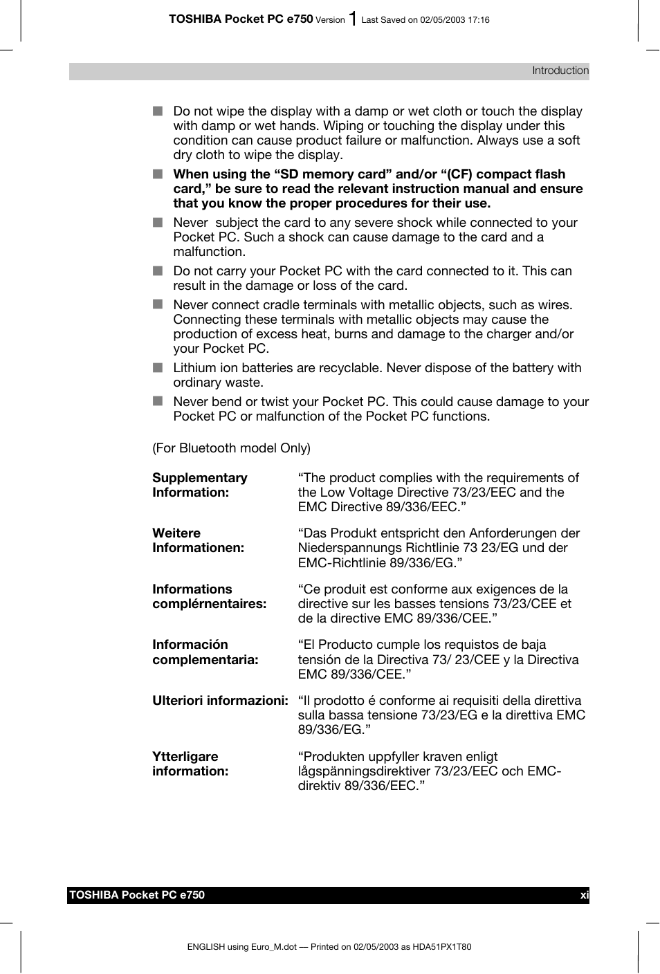 Toshiba Pocket PC e750 User Manual | Page 11 / 215