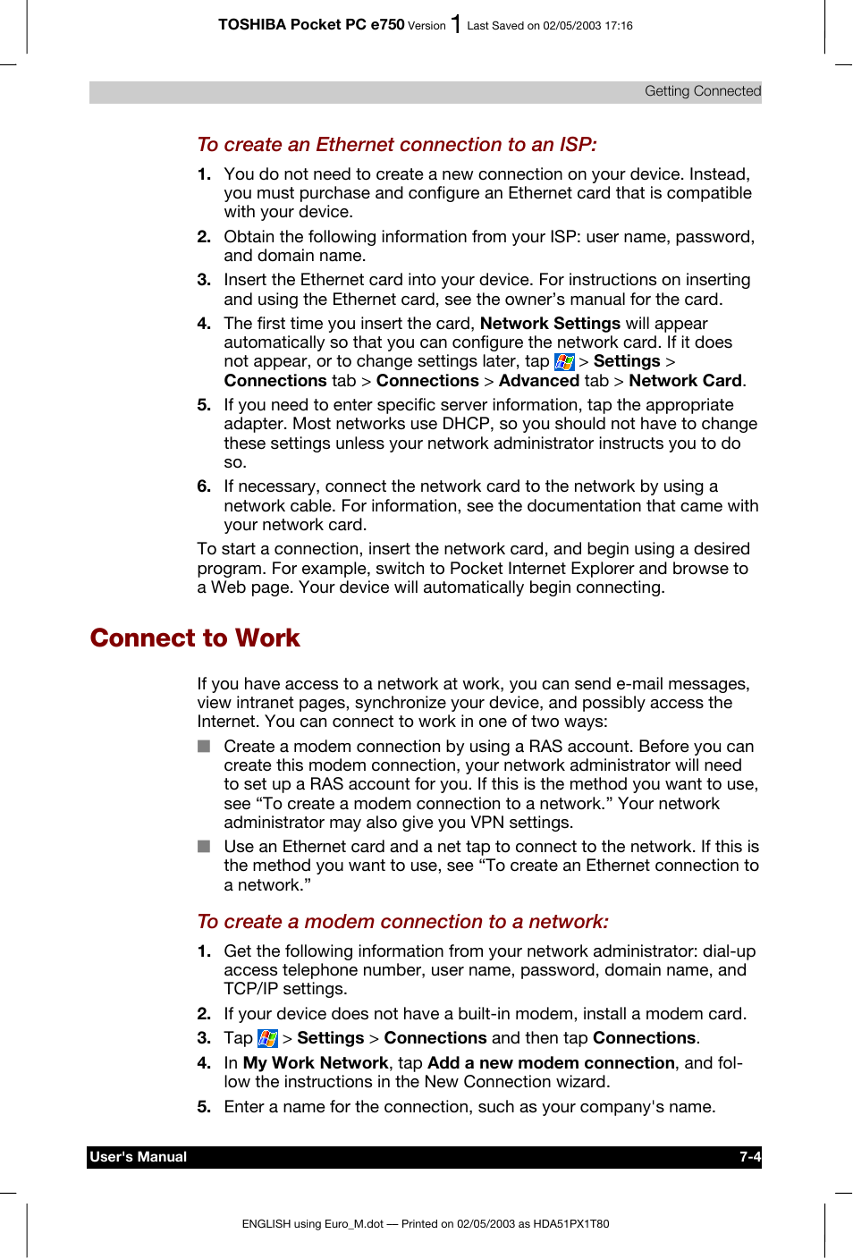 Connect to work | Toshiba Pocket PC e750 User Manual | Page 110 / 215