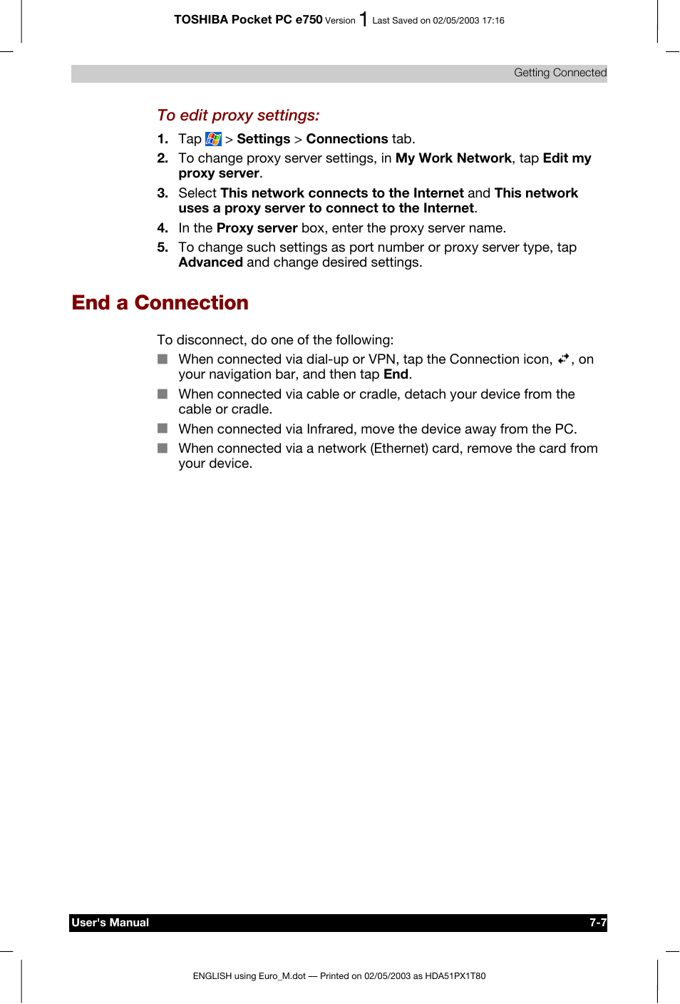 End a connection | Toshiba Pocket PC e750 User Manual | Page 113 / 215