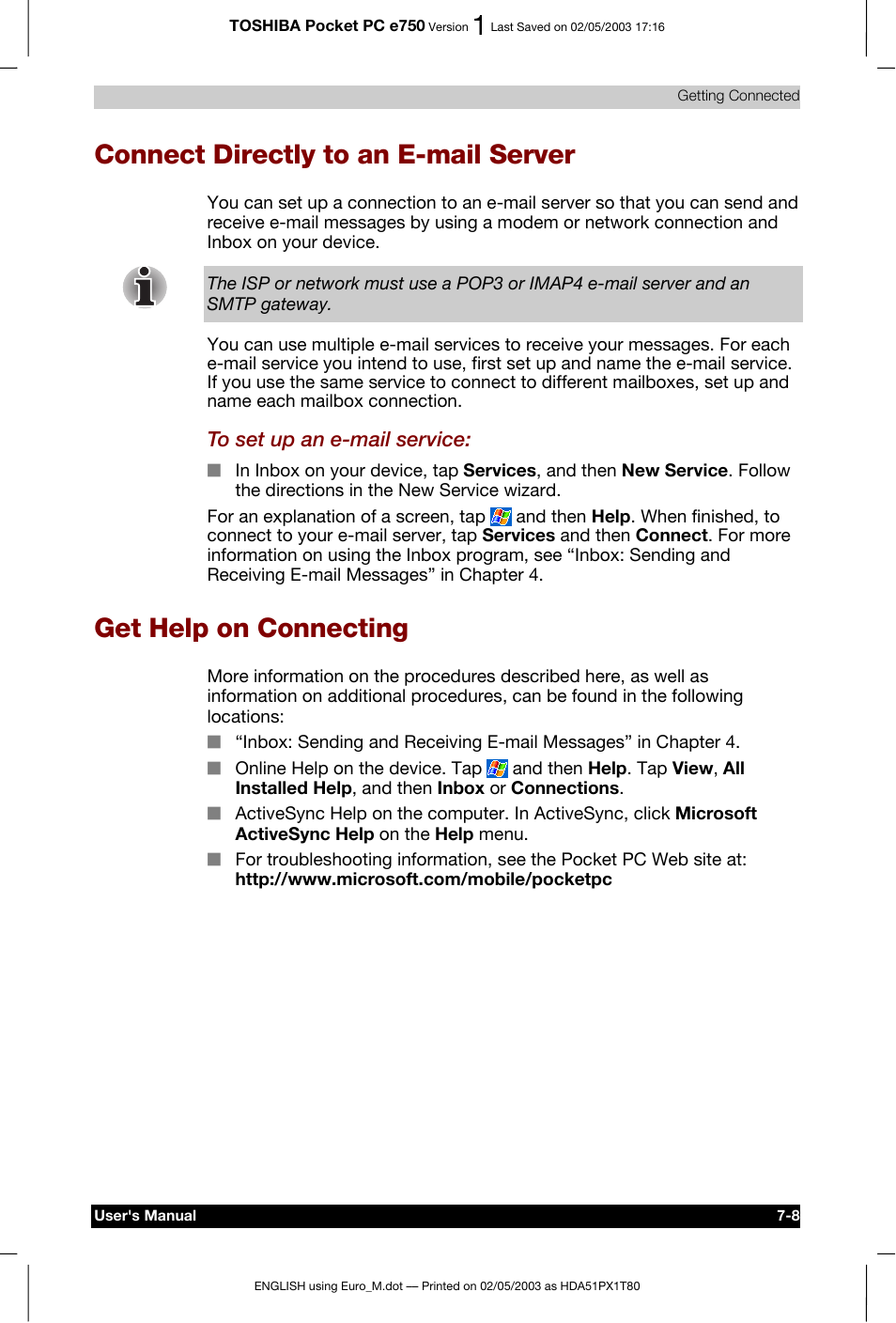 Connect directly to an e-mail server, Get help on connecting | Toshiba Pocket PC e750 User Manual | Page 114 / 215